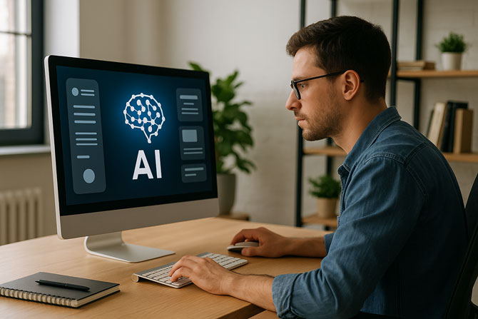 Illustrasjon som viser samarbeid mellom AI-teknologi og menneskelig kreativitet i webdesign, med fokus på partnerskap i stedet for konkurranse