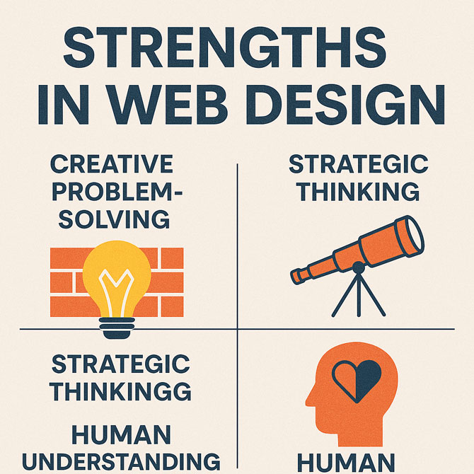 Infografikk som viser de tre menneskelige styrkene i webdesign: kreativ problemløsning, strategisk tenkning og følelsesmessig forståelse, med ikoner og eksempler for hver kategori