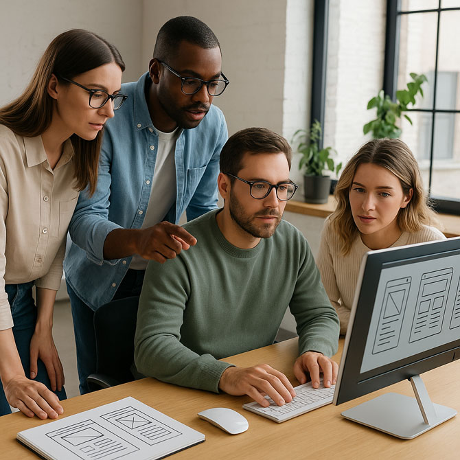 Profesjonelle webdesignere i møte med kunde, som viser samarbeid og konsultasjon i designprosessen