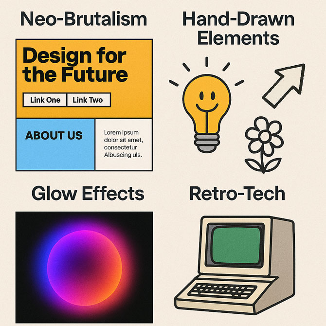 Eksempler på populære webdesign-trender i 2025: neo-brutalism, håndtegnede elementer, glødeffekter og retro-tech estetikk
